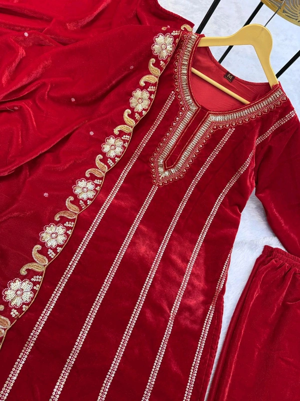 Handwork Fully Embroidery Velvet Suit - XL