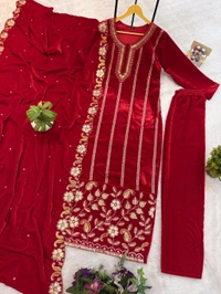 Handwork Fully Embroidery Velvet Suit - XL