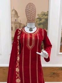 Handwork Fully Embroidery Velvet Suit - XXL