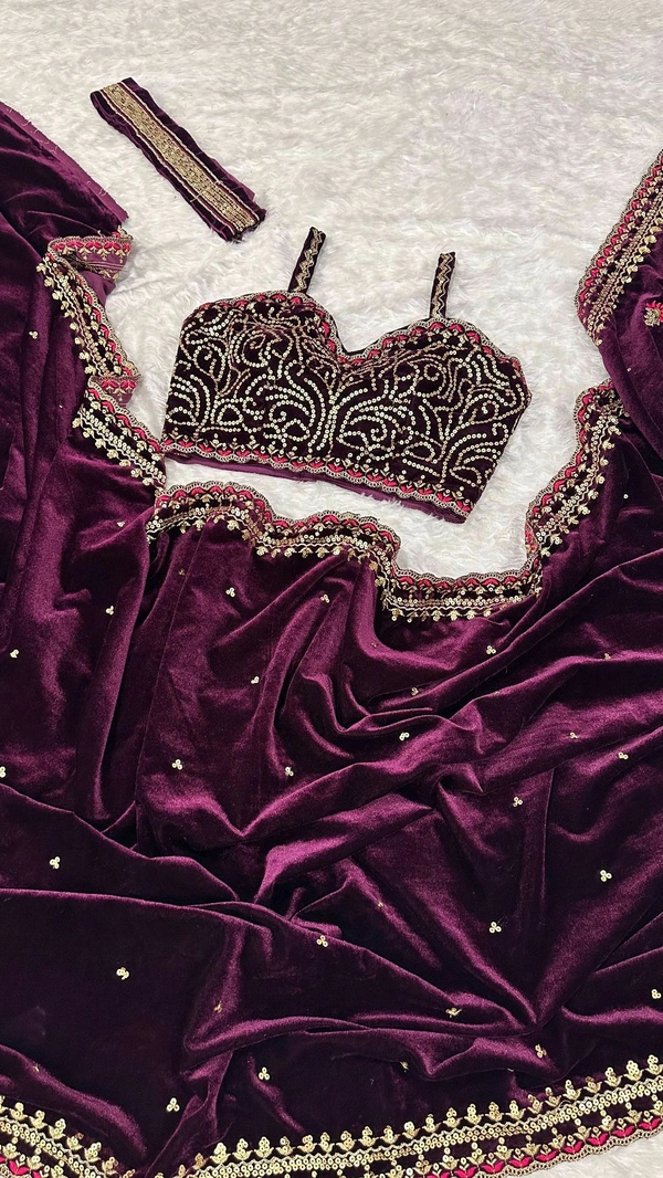 Designer High Quality Velvet Saree With Blouse and Belt
