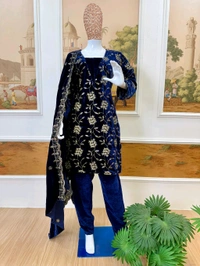 Navy Blue Designer Embroidery Work Velvet Suit - M