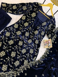 Navy Blue Designer Embroidery Work Velvet Suit - M
