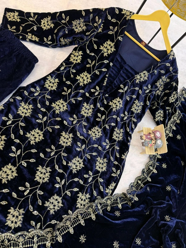 Navy Blue Designer Embroidery Work Velvet Suit - M