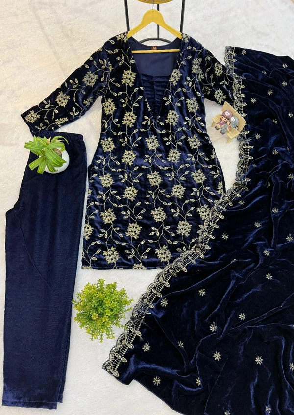 Navy Blue Designer Embroidery Work Velvet Suit - M