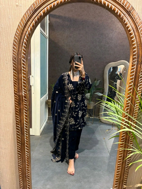 Navy Blue Designer Embroidery Work Velvet Suit - L