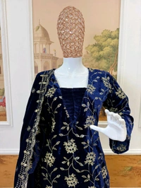 Navy Blue Designer Embroidery Work Velvet Suit - L