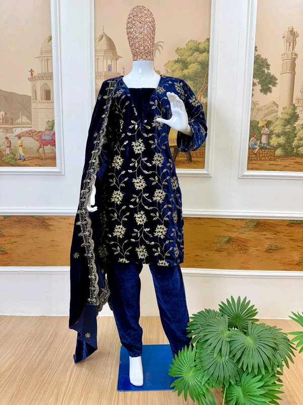 Navy Blue Designer Embroidery Work Velvet Suit - XL
