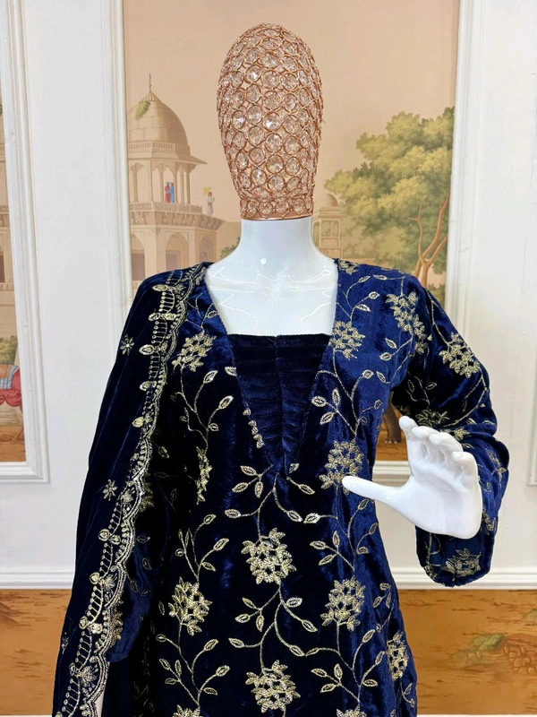 Navy Blue Designer Embroidery Work Velvet Suit - XXL