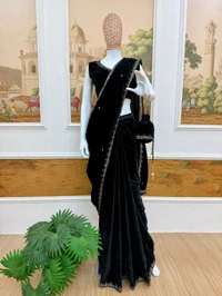 Superhit Trending Wedding Special Velvet Saree With Stiched Blouse & Free Matching Potli