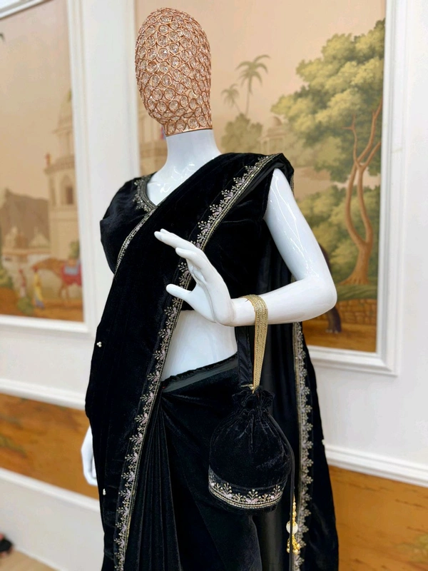 Superhit Trending Wedding Special Velvet Saree With Stiched Blouse & Free Matching Potli