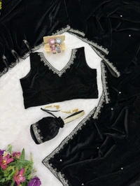 Superhit Trending Wedding Special Velvet Saree With Stiched Blouse & Free Matching Potli