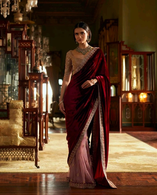 Heavy Velvet + Net Saree With Sequence Work Blouse Piece