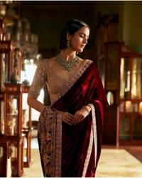 Heavy Velvet + Net Saree With Sequence Work Blouse Piece