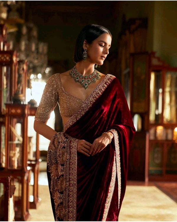 Heavy Velvet + Net Saree With Sequence Work Blouse Piece