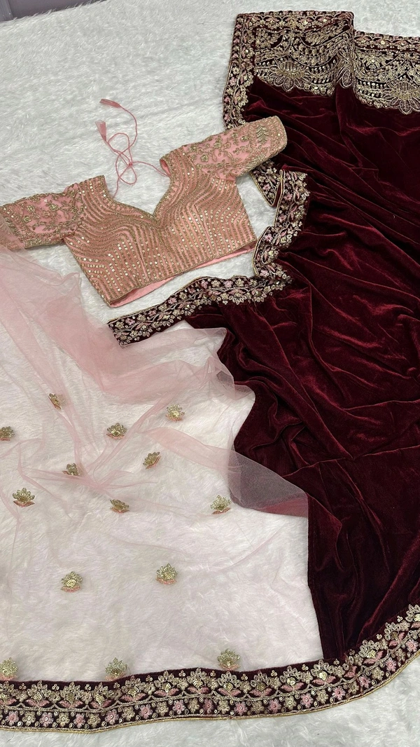 Heavy Velvet + Net Saree With Sequence Work Blouse Piece