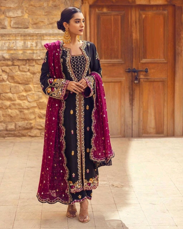 Designer Heavy Embroidery Work Velvet Suit - XL