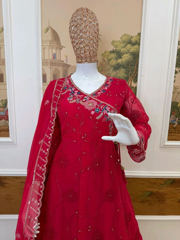 Festival Special Anarkali Gown With Pent & Dupatta Set - Red, M