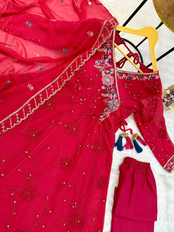 Festival Special Anarkali Gown With Pent & Dupatta Set - Red, M