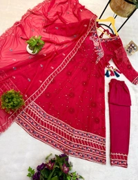 Festival Special Anarkali Gown With Pent & Dupatta Set - Red, M