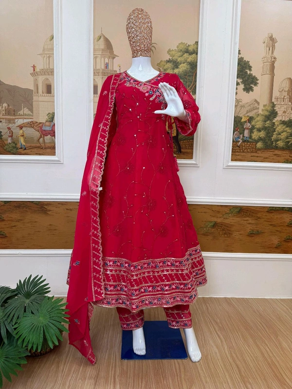 Festival Special Anarkali Gown With Pent & Dupatta Set - Red, L