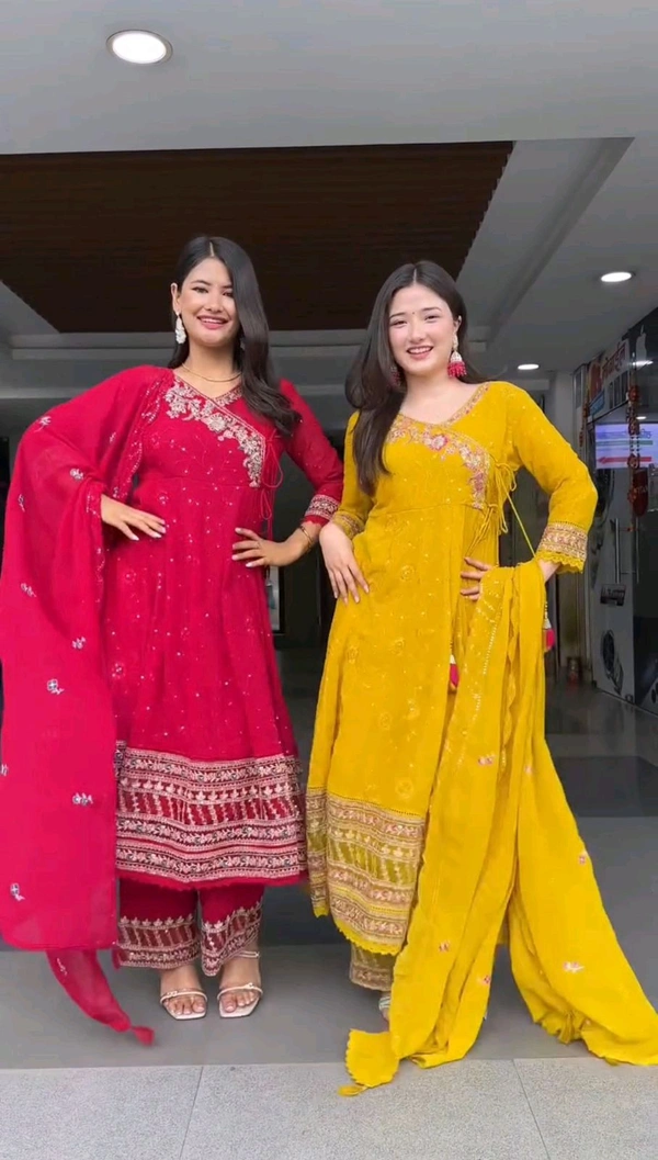 Festival Special Anarkali Gown With Pent & Dupatta Set - Red, XL