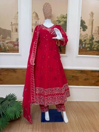 Festival Special Anarkali Gown With Pent & Dupatta Set - Red, XL