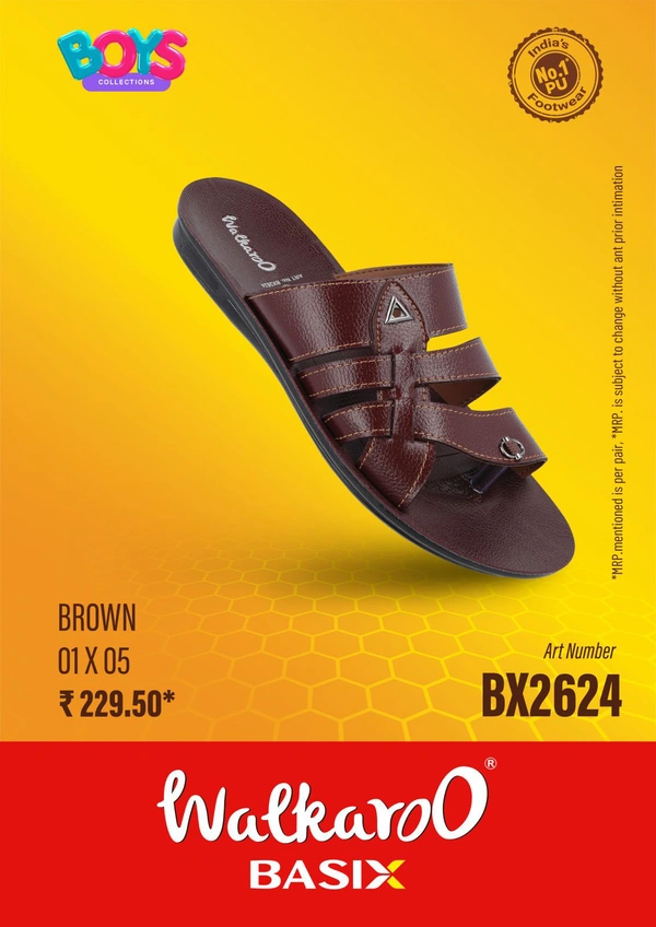 Walkaroo Basix Men Cross Strap Slide Sandals - BX2624 - Brown, UK - 6 7 8 9 10 11 12