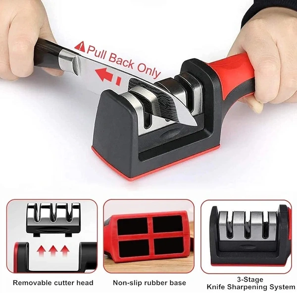 Knife Sharpener Stainless Steel 3 Slots Diamond, Ceramic, Tungsten for Repair, Sharpen, Polish Blades -Manual Kitchen Knife Blade Sharpening Tool with Detachable Non Slip and Ergonomic Design