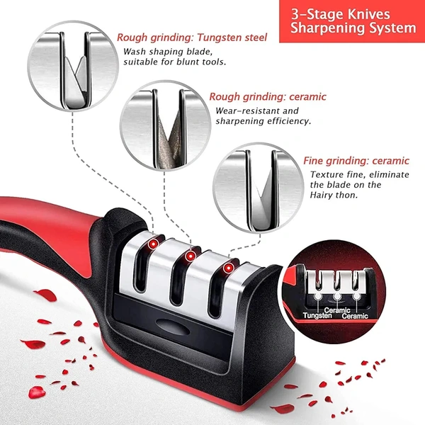 Knife Sharpener Stainless Steel 3 Slots Diamond, Ceramic, Tungsten for Repair, Sharpen, Polish Blades -Manual Kitchen Knife Blade Sharpening Tool with Detachable Non Slip and Ergonomic Design