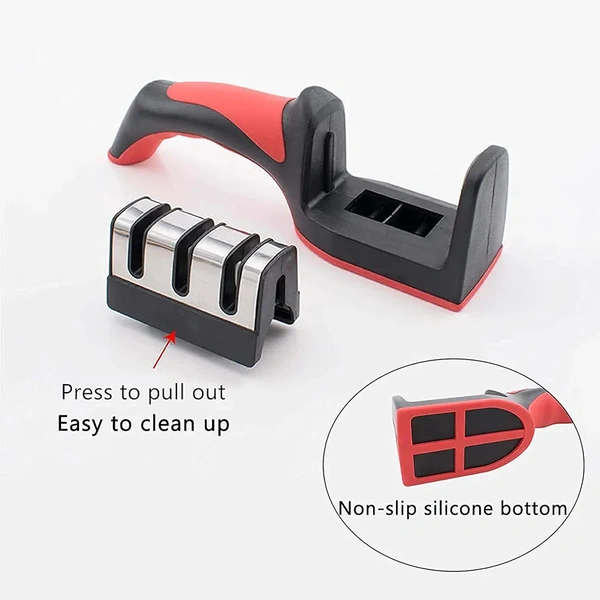 Knife Sharpener Stainless Steel 3 Slots Diamond, Ceramic, Tungsten for Repair, Sharpen, Polish Blades -Manual Kitchen Knife Blade Sharpening Tool with Detachable Non Slip and Ergonomic Design