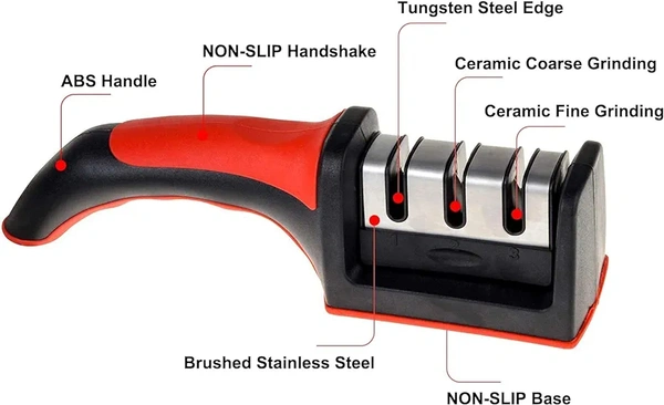 Knife Sharpener Stainless Steel 3 Slots Diamond, Ceramic, Tungsten for Repair, Sharpen, Polish Blades -Manual Kitchen Knife Blade Sharpening Tool with Detachable Non Slip and Ergonomic Design