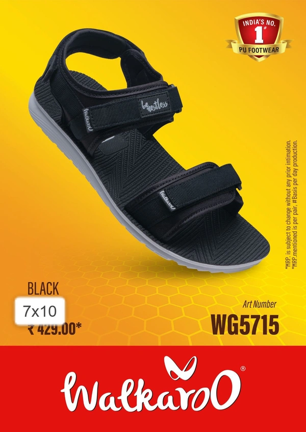 WALKAROO MEN STRAPPY FLOATER SANDALS - WG5715 BLACK - Black, SIZE UK - 7 8 9 10