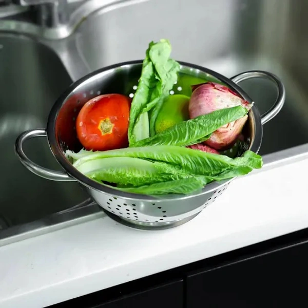 Stainless Steel Holes Washing Rice Sieve Strainer Fruits Vegetable Drain Bowl,24cm,Kitchen Tool