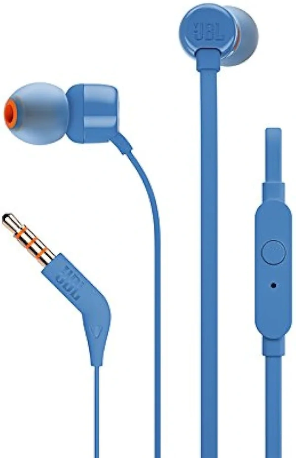 Jbl Tune 110 Wired In-Ear Headphones, Deep And Powerful Pure Bass Sound, 1-Button Remote/Mic, Tangle-Free Flat Cable, Ultra Comfortable Fit - Black, Blue , Jblt110Blk 2 Year Warranty - Blue