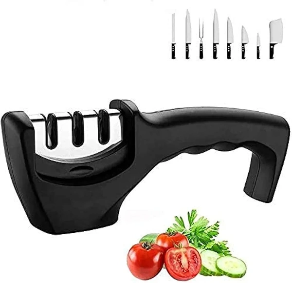 Premium Chef Knife Sharpener, Professional Kitchen Chef 4 Slot Design, Manual Knife Sharpener Kit, black, medium - Black