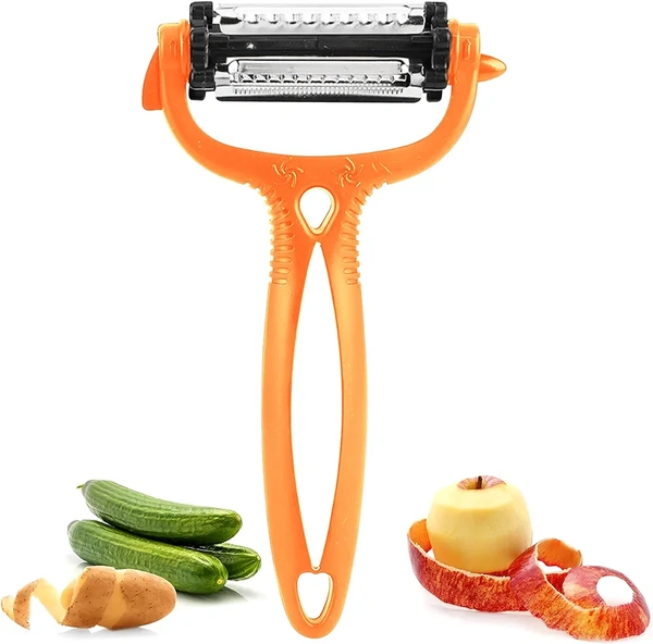 Multifunctional Vegetable Peeler - 3 in 1 Y Shaped Fruits & Vegetable Peeler w/ Straight, Serrated, Julienne Blades - Rotating Plastic Potato Peelers w/ Soft Grip Handle (Orange)