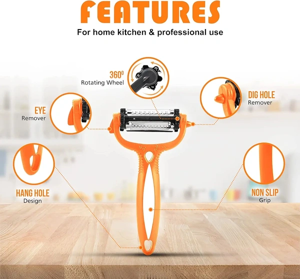 Multifunctional Vegetable Peeler - 3 in 1 Y Shaped Fruits & Vegetable Peeler w/ Straight, Serrated, Julienne Blades - Rotating Plastic Potato Peelers w/ Soft Grip Handle (Orange)
