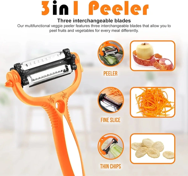 Multifunctional Vegetable Peeler - 3 in 1 Y Shaped Fruits & Vegetable Peeler w/ Straight, Serrated, Julienne Blades - Rotating Plastic Potato Peelers w/ Soft Grip Handle (Orange)
