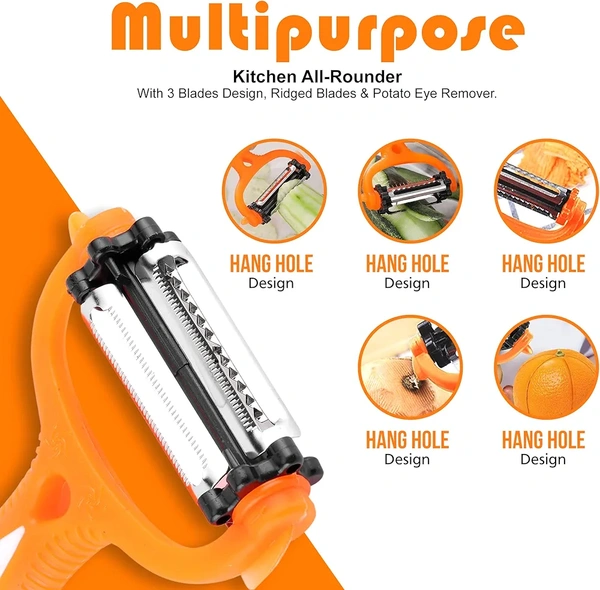 Multifunctional Vegetable Peeler - 3 in 1 Y Shaped Fruits & Vegetable Peeler w/ Straight, Serrated, Julienne Blades - Rotating Plastic Potato Peelers w/ Soft Grip Handle (Orange)