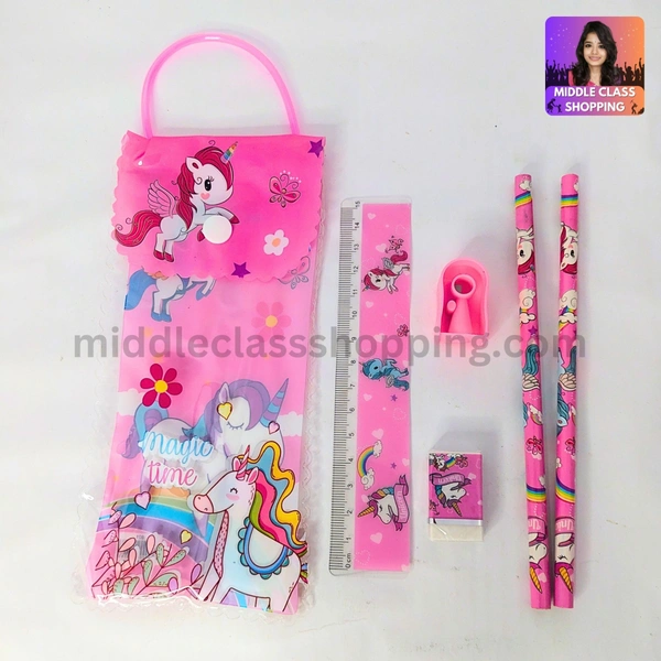 Kids Cute Gift Pouch With 2 Pencils, 1 Sharpner, 1 Eraser And 1 Scale MC487