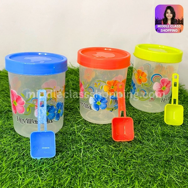 Cute Mini Tall Model Transparent Floral Print Kitchen Storage Containers With Spoon (B7.3×H10.2cms) MC447