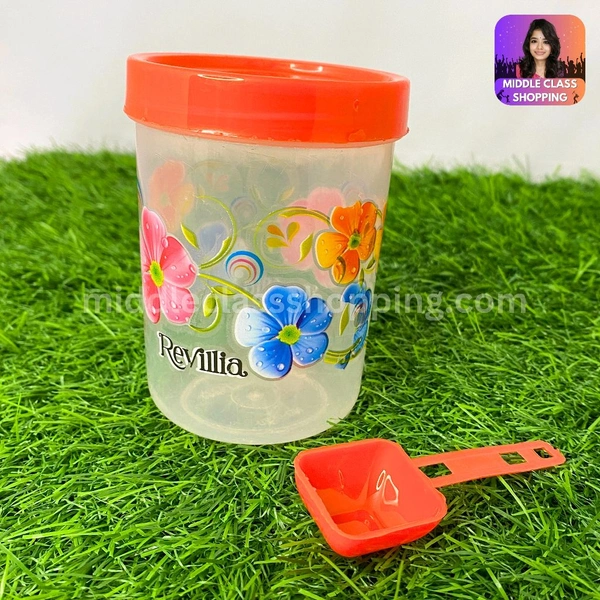 Cute Mini Tall Model Transparent Floral Print Kitchen Storage Containers With Spoon (B7.3×H10.2cms) MC447