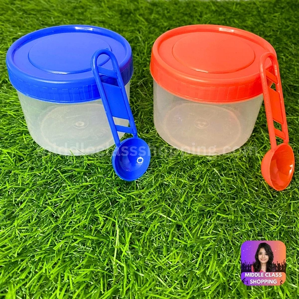 Cute Mini Transparent Kitchen Storage Containers With Solid Color Caps With Spoon (B7.3×H6.4cms) MC449