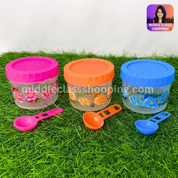 Cute Mini Transparent Floral Print Kitchen Storage Containers With Spoon (B7.2×H6.2cms) MC450