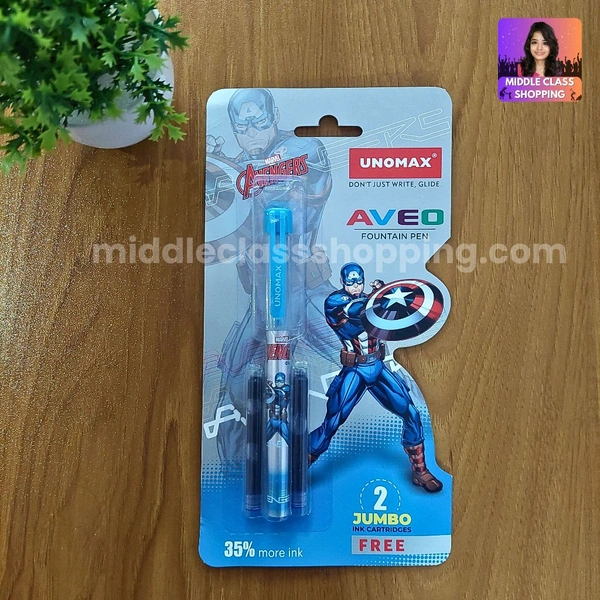 Premium Quality Unomax Captain America Fountain Pen With  Jumpo Ink 2 Catridges MC574
