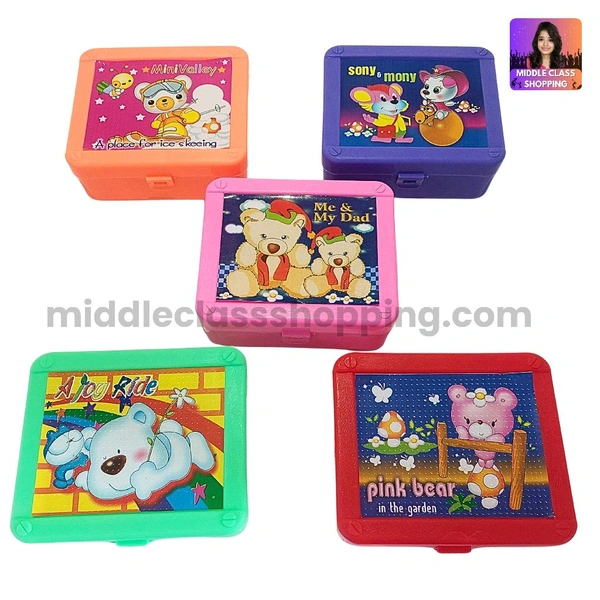 Kids Favourite High Quality Solid Colored Glittery Cartoon Printed Snacks Box With 2 Divisions And Free Spoon (12.3×10.3cms) MC602