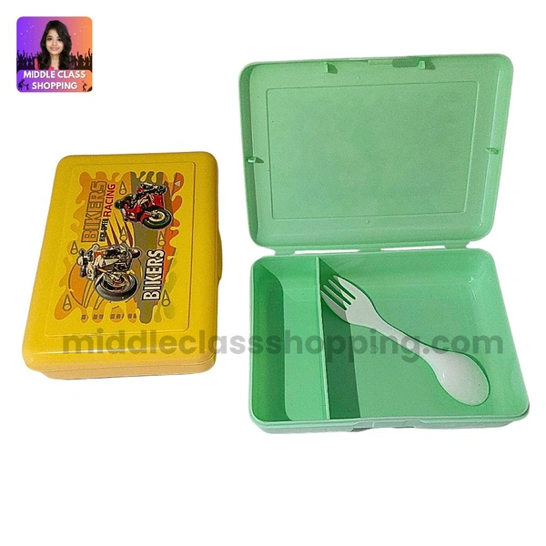 Kids Favourite High Quality Big Sized Lunch Or Snacks Box With 2 Divisions And Spoon (15.8×11.3cms) MC605