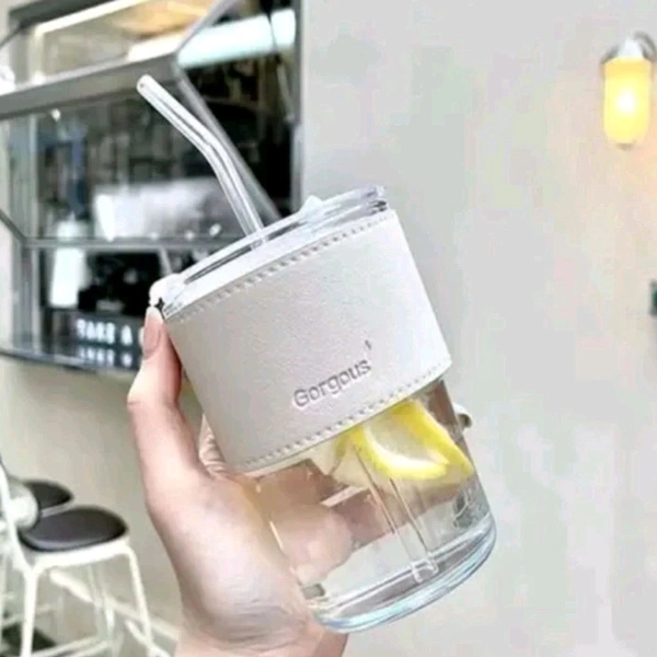 Trending Cute Luxury Transparent Glass Juice Or Coffee Cup With Straw And Leather Finish Holding Grip Support MC680