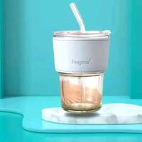 Trending Cute Luxury Transparent Glass Juice Or Coffee Cup With Straw And Leather Finish Holding Grip Support MC680