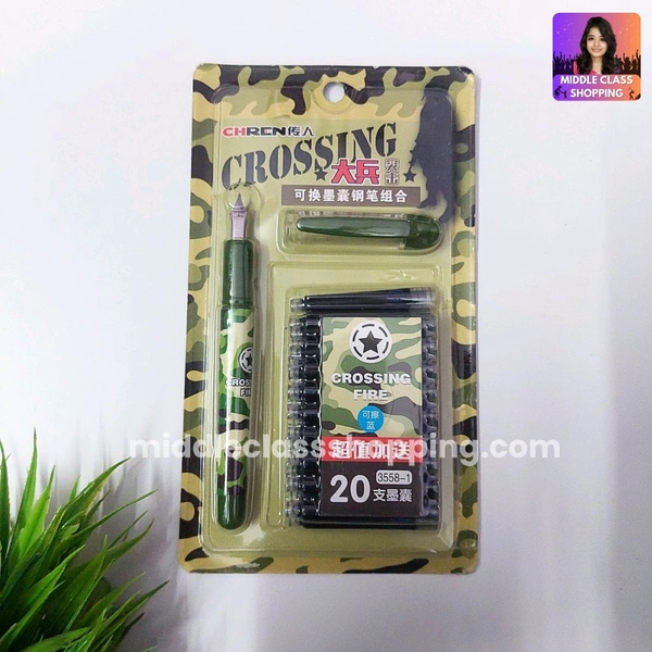 High Quality Cute Students Favourite Army Edition Fountain Pen With 20 Long Life Catridges (ARMY EDITION) MC796